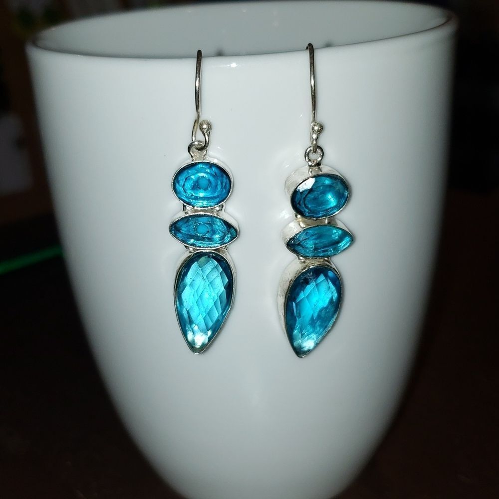 Teardrop Blue Crystal Dangle Earrings in Silver